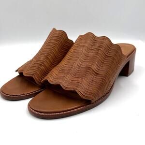 Frye Cindy Wave Mule Womens 8.5 Cognac Leather Scalloped Block Heel 70s Revival